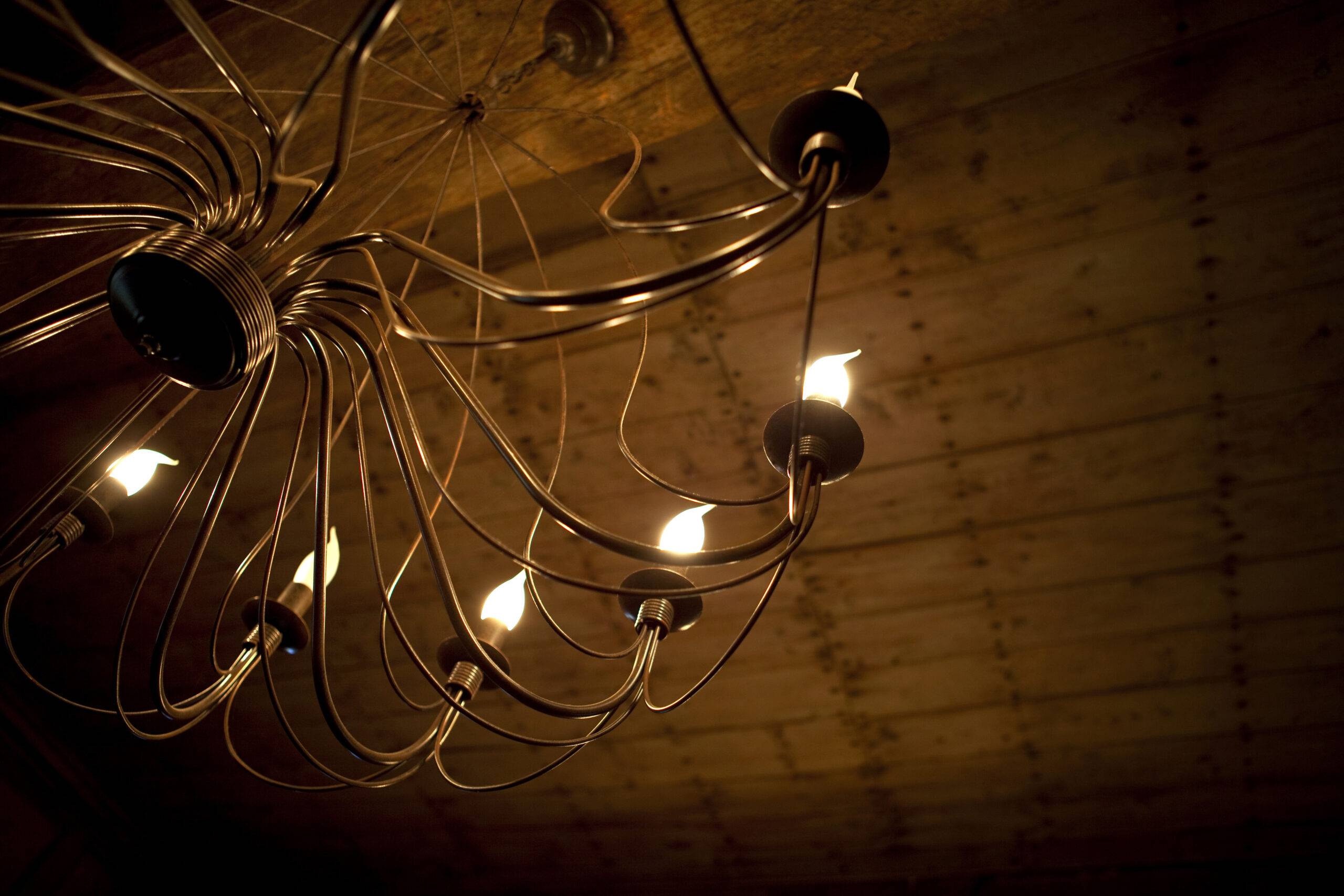Close up of a copper chandelier in a living room