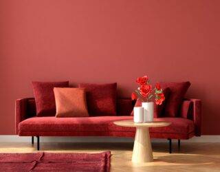 A monochromatic room with red walls, a red couch, and a red rug.
