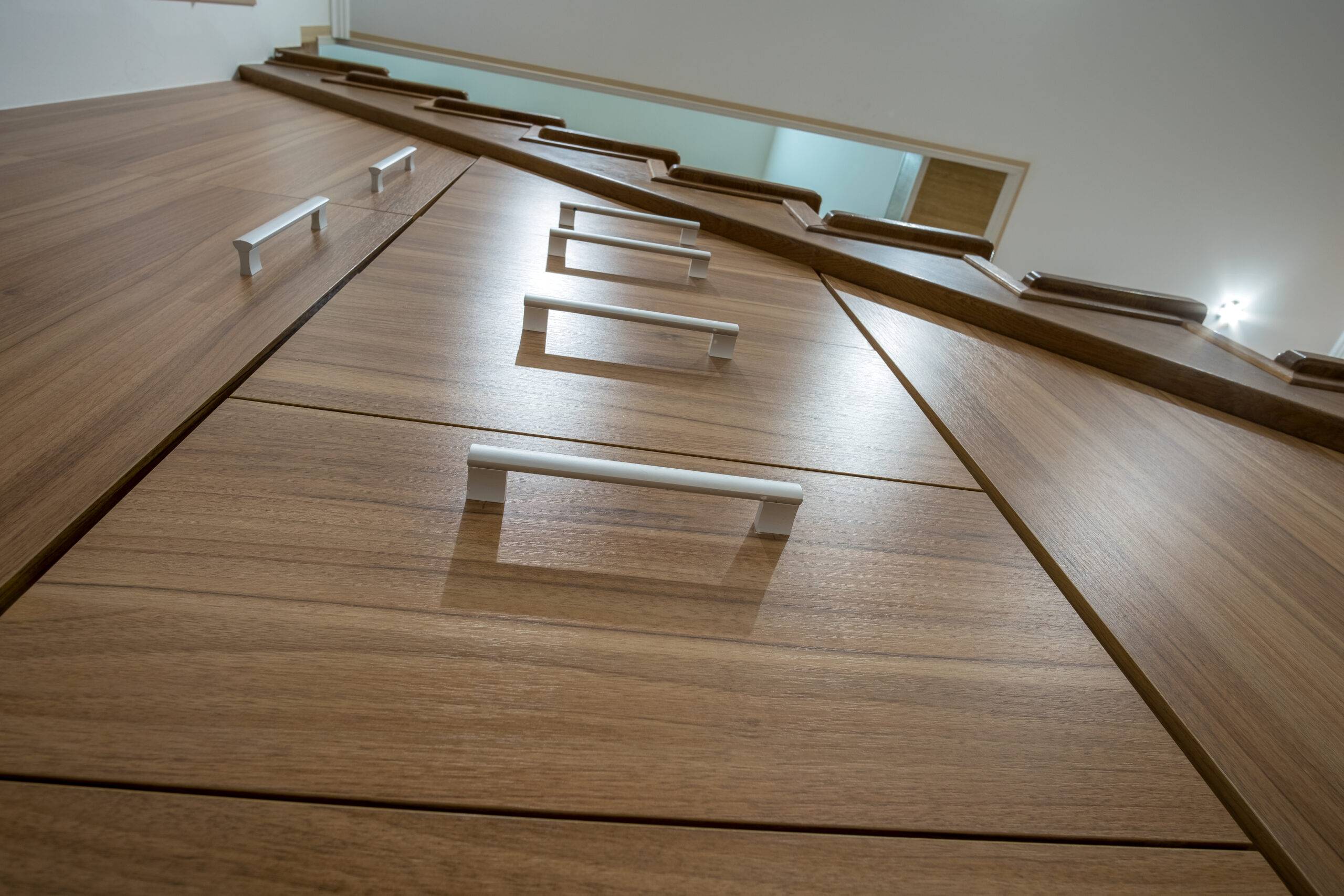 Modern architecture interior with luxury hallway with glossy wooden stairs in multi-storey house. Custom built pullout cabinets on glides in slots under stairs. Use of space for storage.