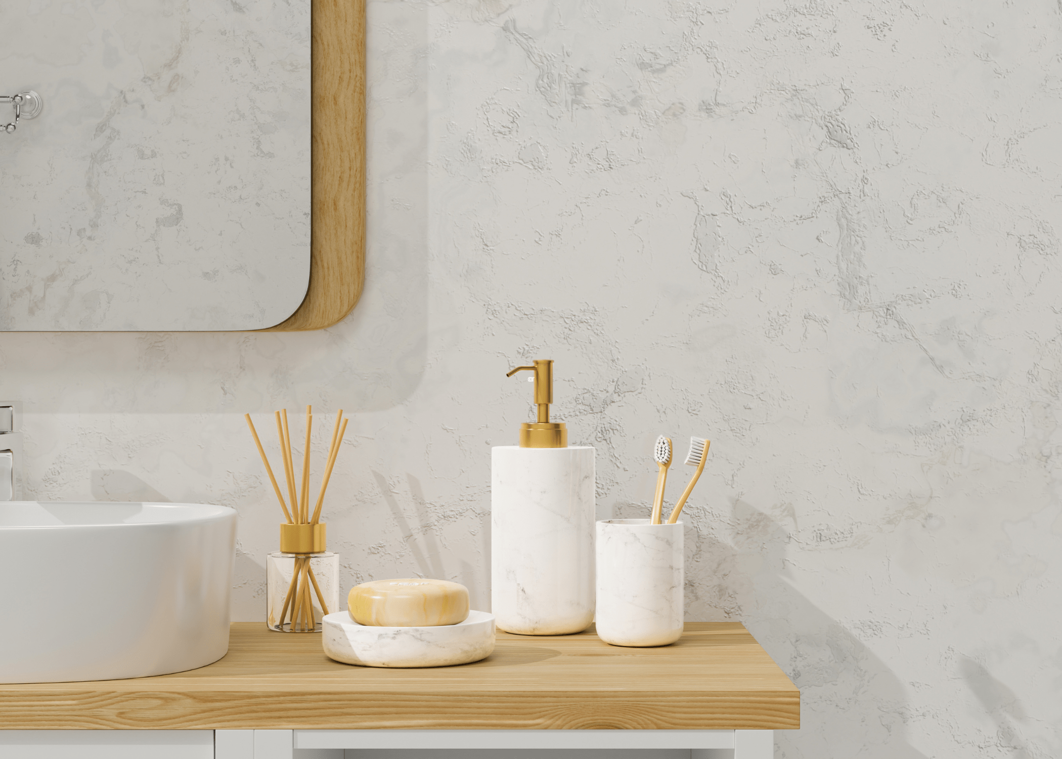 wood bathroom countertop with soap dish toothbrush holder and bowl sink